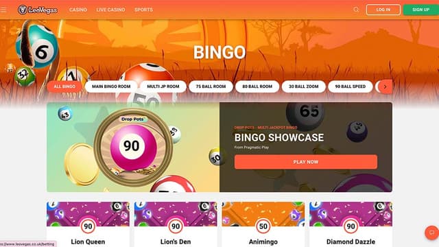 LeoVegas bingo page showcasing a variety of available bingo rooms in a clean grid layout
