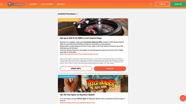 LeoVegas bonus page showcasing highlighted casino promotions and prominent promotional banners.