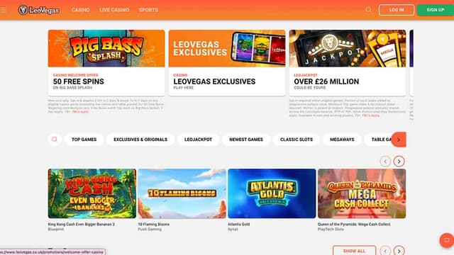 LeoVegas casino page highlighting top games including Big Bass Splash, Legacy of Dead, and Fishin' Frenzy The Big Catch, alongside other popular titles.