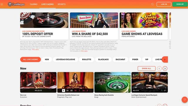 LeoVegas Live Casino page showcasing various live dealer games, including blackjack, roulette, and baccarat, with a user-friendly interface and game categories.