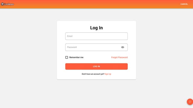 LeoVegas login page with fields for email and password, featuring a prominent 'Log In' button and options for password recovery and account creation.