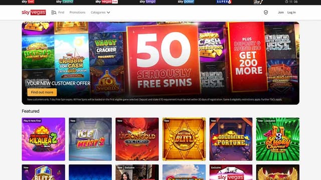 Sky Vegas desktop homepage displaying featured casino games, promotions, and navigation menus