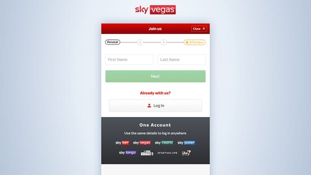 Sky Vegas registration page on desktop showing the account creation form for new users