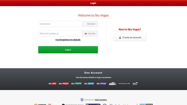 Sky Vegas desktop login page with input fields for username and password, and account access options