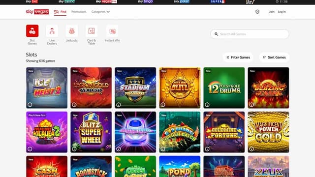 Sky Vegas slots page on desktop showcasing a wide selection of online slot games with vibrant thumbnails and featured categories