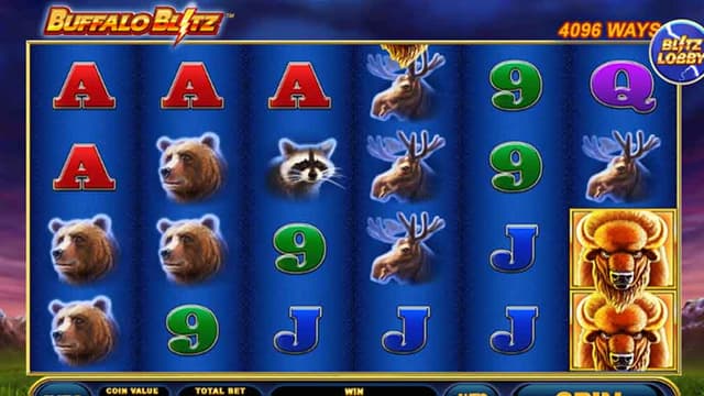 Buffalo Blitz demo showing the line value, line bet value, potential winnings, and game symbols
