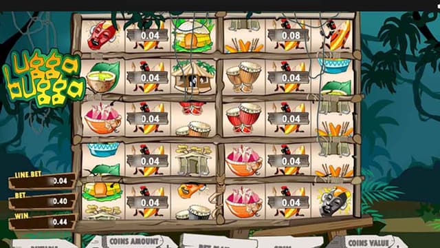 Ugga Bugga game by Playtech showing the line bet, bet value, and potential winnings