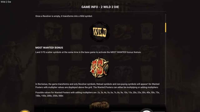 Printscreen of 2 Wild to Die Bonus and Wild Info