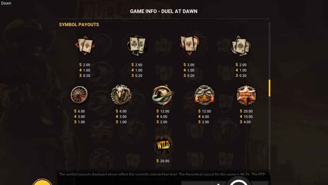 Printscreen of Duel at Dawn Symbol Values