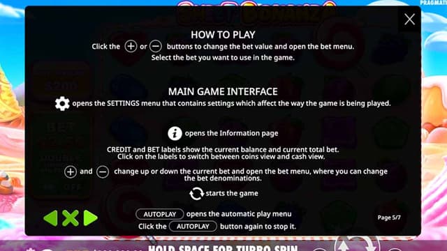 Printscreen of Sweet Bonanza how to play and main game features