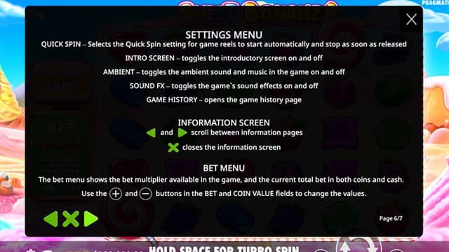 Printscreen of Sweet Bonanza settings menu and info screen